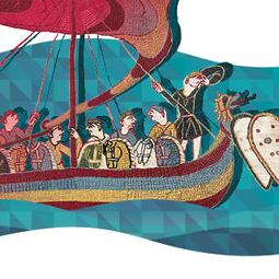 Vergrößerte Ansicht von Zeichnung eines alten Drachenboots mit Besatzung