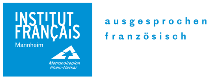 Vergrößerte Ansicht von weißer Schriftzug des Instituts Français Mannheim auf blauem Hintergrund