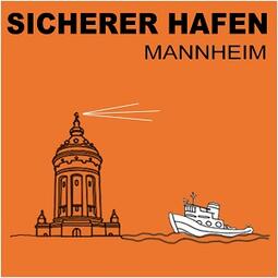 Vergrößerte Ansicht von Orangefarbene Grafik, oben der Schriftzug &quot;Sicherer Hafen Mannheim&quot;, darunter der Wasserturm und daneben ein Schiff