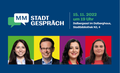 Vergrößerte Ansicht von Grafik mit dem Text &quot;Stadtgespräch - am 15.11.2022 um 19 Uhr, Dalbergsaal im Dalberghaus, Stadtbibliothek, N 3, 4&quot;, darunter sind vier Portraits der Politiker*innen zu sehen