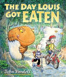 Vergrößerte Ansicht von Cover des Kinderbuchs &quot;The Day Louis Got Eaten&quot; von John Fardell: Zwei Kinder fahren in einem Wald Fahrrad, hinter ihnen lauert ein Monster.