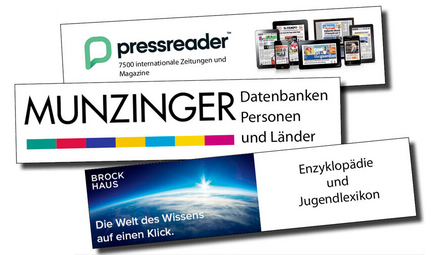 Vergrößerte Ansicht von Logos der Datenbanken Pressreader, Munzinger und Brockhaus