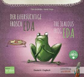 Vergrößerte Ansicht von Buchcover der Geschichte &quot;Der eifersüchtige Frosch Eda&quot; mit einem grünen Frosch im Comicstil