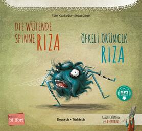 Vergrößerte Ansicht von Cover des Buches &quot;Die wütende Spinne Riza&quot; mit einer blauen Spinne im Comicstil