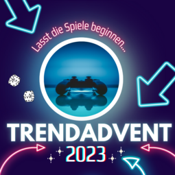 Vergrößerte Ansicht von Blauer Hintergrund, in der Mitte ein Controller, der Schriftzug &quot;Trendadvent 2023&quot; darunter, dazu bunte Pfeile, die auf das Bild und den Schriftzug deuten