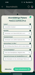 Vergrößerte Ansicht von Screenshot der App Urban ReLeaf - Mannheims Bäume - Eingabefeld zur Aktualisierung der Baumdaten
