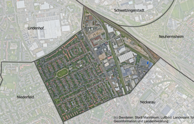 Vergrößerte Ansicht von Das Luftbild zeigt den Stadtteil Almenhof und die angrenzenden Stadtteile.