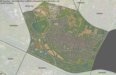 Vergrößerte Ansicht von Das Luftbild zeigt den Stadtteil Feudenheim und die angrenzenden Stadtteile.