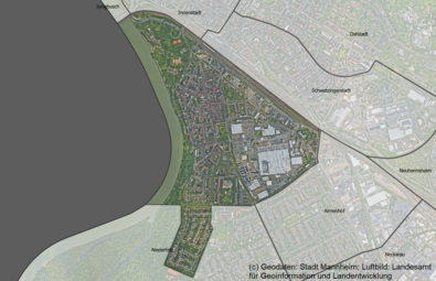 Vergrößerte Ansicht von Das Luftbild zeigt den Stadtteil Lindenhof und die angrenzenden Stadtteile.