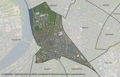 Vergrößerte Ansicht von Das Luftbild zeigt den Stadtteil Luzenberg und die angrenzenden Stadtteile.