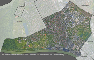 Vergrößerte Ansicht von Das Luftbild zeigt den Stadtteil Neckarau und die angrenzenden Stadtteile.