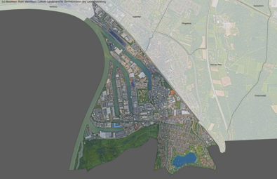 Vergrößerte Ansicht von Das Luftbild zeigt den Stadtteil Rheinau-Süd und die angrenzenden Stadtteile.