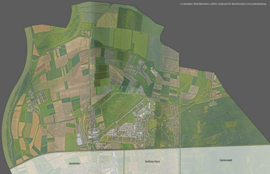 Vergrößerte Ansicht von Das Luftbild zeigt den Stadtteil Sandhofen-Nord und die angrenzenden Stadtteile.