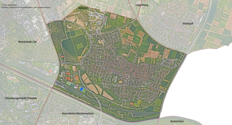 Vergrößerte Ansicht von Das Luftbild zeigt den Stadtbezirk Feudenheim und die angrenzenden Stadtbezirke.