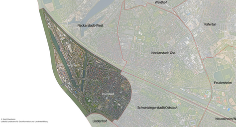 Vergrößerte Ansicht von Das Luftbild zeigt den Stadtbezirk Innenstadt/Jungbusch und die angrenzenden Stadtbezirke.