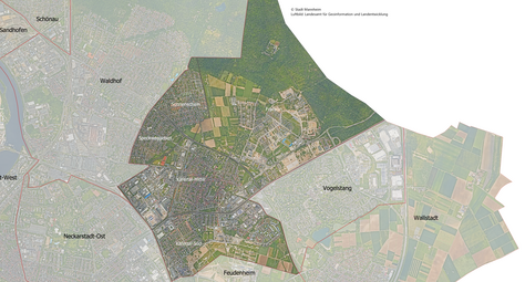 Vergrößerte Ansicht von Das Luftbild zeigt den Stadtbezirk Käfertal und die angrenzenden Stadtbezirke.