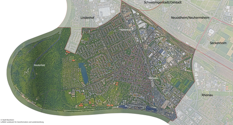 Vergrößerte Ansicht von Das Luftbild zeigt den Stadtbezirk Neckarau und die angrenzenden Stadtbezirke.