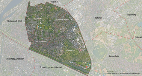 Vergrößerte Ansicht von Das Luftbild zeigt den Stadtbezirk Neckarstadt-Ost und die angrenzenden Stadtbezirke.