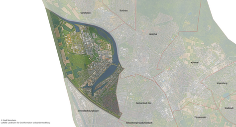 Vergrößerte Ansicht von Das Luftbild zeigt den Stadtbezirk Neckarstadt-West und die angrenzenden Stadtbezirke.