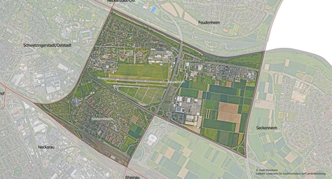 Vergrößerte Ansicht von Das Luftbild zeigt den Stadtbezirk Neuostheim/Neuhermsheim und die angrenzenden Stadtbezirke.