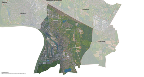 Vergrößerte Ansicht von Das Luftbild zeigt den Stadtbezirk Rheinau und die angrenzenden Stadtbezirke.