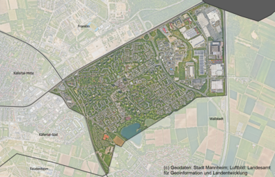 Vergrößerte Ansicht von Das Luftbild zeigt den Stadtteil Vogelstang und die angrenzenden Stadtteile.