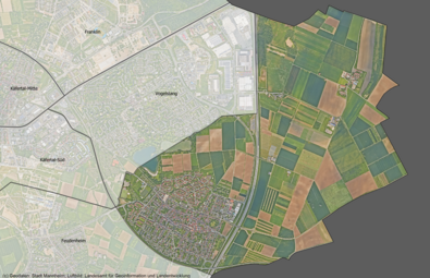 Vergrößerte Ansicht von Das Luftbild zeigt den Stadtteil Wallstadt und die angrenzenden Stadtteile.