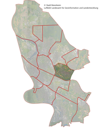 Vergrößerte Ansicht von Das Luftbild zeigt die Lage des Stadtbezirk Feudenheim im Stadtgebiet.