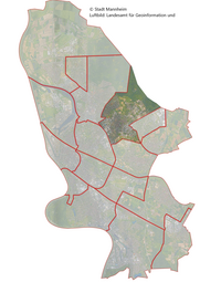 Vergrößerte Ansicht von Das Luftbild zeigt die Lage des Stadtbezirk Käfertal im Stadtgebiet.