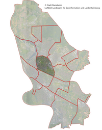 Vergrößerte Ansicht von Das Luftbild zeigt die Lage des Stadtbezirk Neckarstadt-Ost im Stadtgebiet.