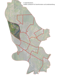 Vergrößerte Ansicht von Das Luftbild zeigt die Lage des Stadtbezirk Neckarstadt-West im Stadtgebiet.