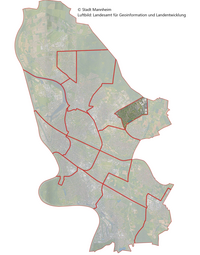 Vergrößerte Ansicht von Das Luftbild zeigt die Lage des Stadtbezirk Vogelstang im Stadtgebiet.