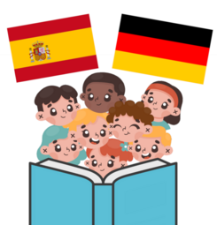 Vergrößerte Ansicht von Eine Gruppe von Kindern, die in ein Buch schaut, darüber die spanische und deutsche Flagge. Im Comicstil.