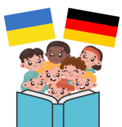 Vergrößerte Ansicht von Eine Illustration im Comic-Stil. Hinter einem hellblauen, aufgeschlagenen Buch acht vergnügte Kinderköpfe. Über ihnen die ukrainische und die deutsche Flagge.