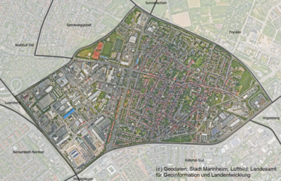 Vergrößerte Ansicht von Das Luftbild zeigt den Stadtteil Käfertal-Mitte und die angrenzenden Stadtteile.