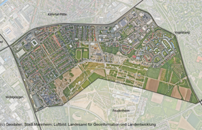 Vergrößerte Ansicht von Das Luftbild zeigt den Stadtteil Käfertal-Süd und die angrenzenden Stadtteile.