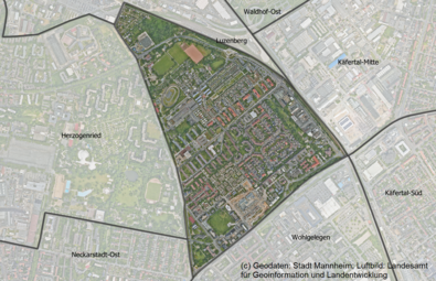 Vergrößerte Ansicht von Das Luftbild zeigt den Stadtteil Neckarstadt-Nordost und die angrenzenden Stadtteile.