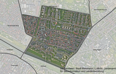 Vergrößerte Ansicht von Das Luftbild zeigt den Stadtteil Neckarstadt-Ost und die angrenzenden Stadtteile.