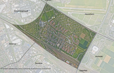 Vergrößerte Ansicht von Das Luftbild zeigt den Stadtteil Neuhermsheim und die angrenzenden Stadtteile.