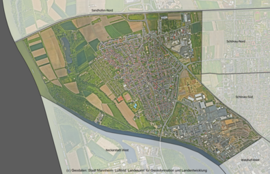 Vergrößerte Ansicht von Das Luftbild zeigt den Stadtteil Sandhofen und die angrenzenden Stadtteile.