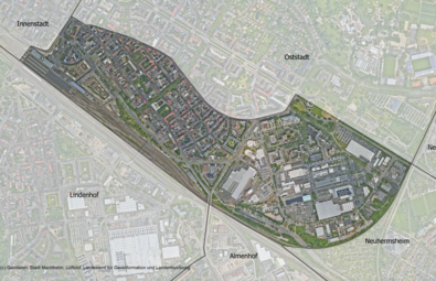 Vergrößerte Ansicht von Das Luftbild zeigt den Stadtteil Schwetzingerstadt und die angrenzenden Stadtteile.