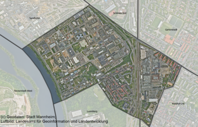 Vergrößerte Ansicht von Das Luftbild zeigt den Stadtteil Waldhof-West und die angrenzenden Stadtteile.