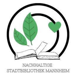 Vergrößerte Ansicht von Das Logo mit einem Buch und grünen Blättern und dem Schriftzug &quot;Nachhaltige Stadtbibliothek Mannheim&quot; symbolisiert die nachhaltigen Angebote der Stadtbibliothek.