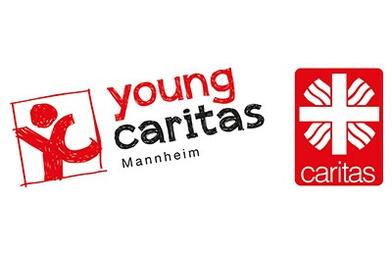 Vergrößerte Ansicht von Auf weißem Grund stehen die Worte &quot;young&quot;, &quot;caritas&quot; und &quot;Mannheim&quot; untereinander. &quot;young&quot; ist rot, &quot;caritas&quot; und &quot;Mannheim&quot; sind schwarz. Links davon ein rotes Strichmännchen in einem roten Quadrat. Der rechte Arm und das rechte Bein des Männchens bilden ein C.