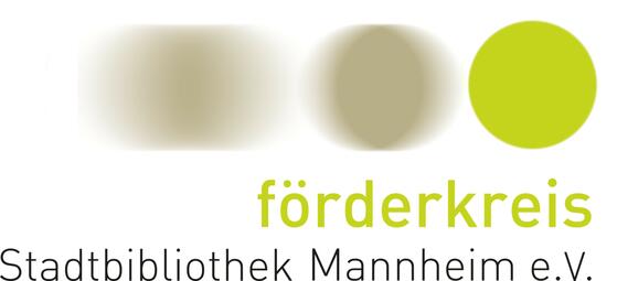 Vergrößerte Ansicht von Das rechteckige Logo des Förderkreises der Stadtbibliothek Mannheim. Auf weißem Grund steht unten in schwarz Stadtbibliothek Mannheim e.V., in der Mitte in hellgrün Förderkreis. Darüber nacheinander zwei unscharfe graugrüne Kreise und ein scharfer hellgrüner.. 