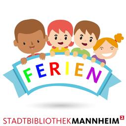 Vergrößerte Ansicht von Kinder im Comicstil halten eine Bandarole hoch mit dem bunten Schriftzug &quot;Ferien&quot;.