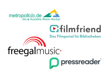 Vergrößerte Ansicht von Die Logos verschiedener digitaler Angebote der Stadtbibliothek: metropolbib.de, filmfriend, freegalmusic, pressreader