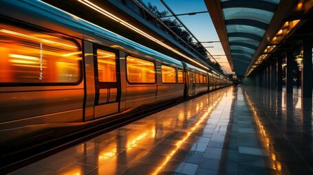 Vergrößerte Ansicht von Auf einem KI-generierten Bild rast eine U-Bahn im bläulichen Morgenlicht durch eine oberirdische Haltestelle. Der orange-rote Lichtschein in den Waggons spiegelt sich auf dem menschenleeren Bahnsteig.