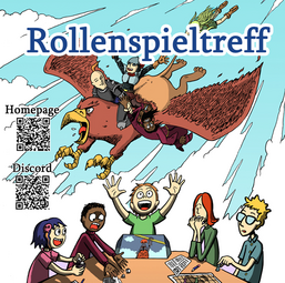 Vergrößerte Ansicht von Eine Illustration im Comic-Stil zeigt einen Spielleiter und vier Mitspielende beim Pen-und-Paper-Rollenspiel. Darüber ein fliegendes Fabelwesen, das mitsamt der Mitspielenden in ihren Fantasy-Rollen herabstößt.