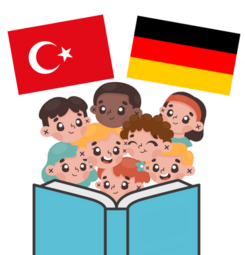 Vergrößerte Ansicht von Eine Illustration im Comic-Stil. Hinter einem hellblauen, aufgeschlagenen Buch acht vergnügte Kinderköpfe. Über ihnen die türkische und die deutsche Flagge.